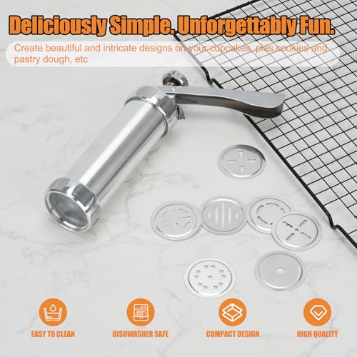 Stainless Steel Cookies Press, Cookies Press for Baking,Cookie Press Gun Kit with 20 Cookie Discs and 8 Piping Tips for DIY cake Maker Decorating Baking Supplies