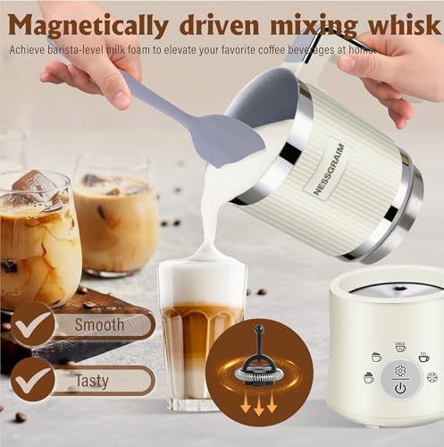 NESSGRAIM 5-in-1 Electric Milk Frother, Automatic Milk Frother & Steamer for Hot & Cold Foam, Large Capacity Milk Warmer for Latte Cappuccino, Hot Chocolate Maker, Dishwasher Safe (Beige)