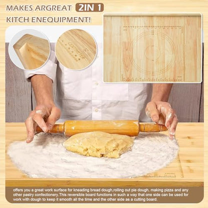 CMINAUS Reversible Wooden Pastry Board, 24" x 20" Wooden Cutting Board with Lip, Pastry Board Cutting Board Chopping Board Pie Board with Engraved Ruler for Counter Top Kitchen