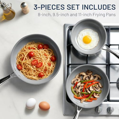 Kikcoin Non Stick Frying Pans, 3 Pack Ceramic Frying Pan for Cooking, 8+9.5+11 Inch Omelette Pans Set with Stay Cool Handle, Induction Ready, Free of PFAS PFOA PTFE, Oven/Dishwasher Safe
