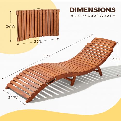 Flamaker Lounge Chairs for Outside Folding Acacia Wood Chaise Lounge with Side Handle Sun Lounger for Poolside, Lawn, Backyard (2 Piece)