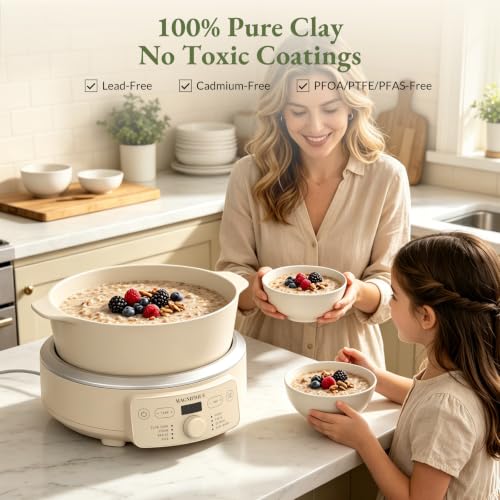 MAGNIFIQUE Slow Cooker, 4.5 Quart 8-in-1 Clay Pot Multi-Cooker, Non-Toxic Slow Cooker for Rice, Pasta, Steam & Proof, Nonstick, Oven Safe Pot to 500°F, Oatmeal