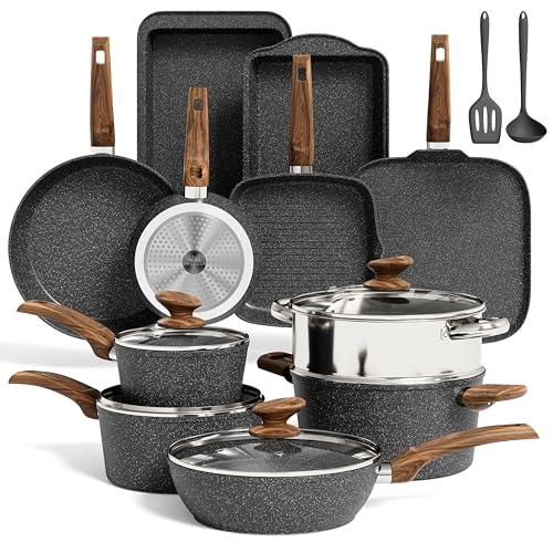MAISON ARTS 17 Piece Pots and Pans Set Non Stick, Kitchen Cookware Sets with Nonstick Granite Stone Coating, Suitable for Induction Cooktops, Black