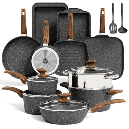 MAISON ARTS 17 Piece Pots and Pans Set Non Stick, Kitchen Cookware Sets with Nonstick Granite Stone Coating, Suitable for Induction Cooktops, Black
