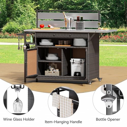YITAHOME XL Outdoor Kitchen Island, Outdoor Bar Table & Storage Cabinet, Wheels and Stainless Steel Extended Table Top, Side Handle for Patio Kitchen or Bar Cart, Dark Brown