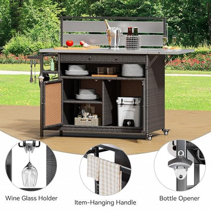 YITAHOME XL Outdoor Kitchen Island, Outdoor Bar Table & Storage Cabinet, Wheels and Stainless Steel Extended Table Top, Side Handle for Patio Kitchen or Bar Cart, Dark Brown