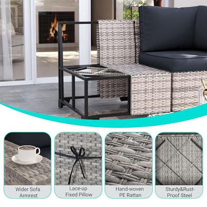 Muphyers 6-Piece Outdoor Patio Furniture Set Wicker Sectional Sofa Set, Patio Conversation Set with Thickened Cushions & Coffee Table for Garden, Backyard, Poolside, Dark Grey
