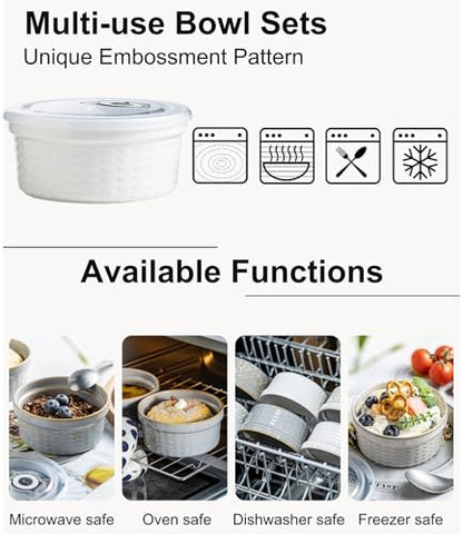 12 oz Ramekins with Lids Oven Safe, Creme Brulee Ramekins with Covers, Ceramic Small Baking Dishes Set of 4, Souffle Dishes Bowls Dishwasher Safe, Mothers Day Gifts for Mom