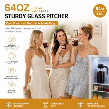 Palksky Cold Brew Coffee Maker, 64 Oz Mason Jar Glass Pitcher with Coffee Grinder Lids, Stainless Steel Filter, Pour Spout Handle, Homemade Iced Coffee Sun Tea Making Set for Home Daily Use