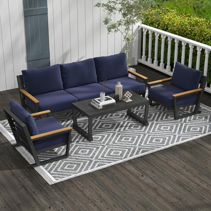 Aluminum Outdoor Patio Furniture Set with Coffee Table,4 Piece Patio Conversation Sets with Washable Thick Cushions, Outdoor Sectional Furniture Set for Porch, Balcony, Deck, Yard, Blue