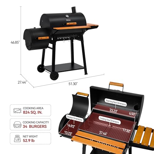Grills House Barrel Charcoal Grill with Offset Smoker, 824 Sq. In. Cooking Area, Wooden Front Shelf, Bottom Shelf, Blow-Molded Wheels, Outdoor Charcoal Grill for Backyard Cooking, Black,CC1831W