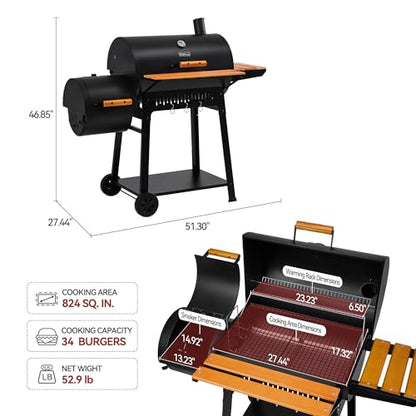 Grills House Barrel Charcoal Grill with Offset Smoker, 824 Sq. In. Cooking Area, Wooden Front Shelf, Bottom Shelf, Blow-Molded Wheels, Outdoor Charcoal Grill for Backyard Cooking, Black,CC1831W