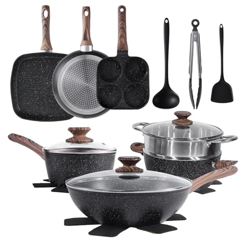 NEWBULIG 17-Piece Pots and Pans Set, Nonstick Cookware Set with Detachable Stay-Cool Handle, Non toxic Induction Kitchen Cooking Set, Dishwasher ＆ Oven Safe, RV Friendly, Black