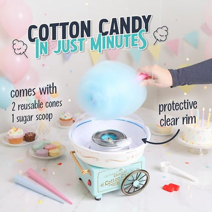 Nostalgia Vintage Hard and Sugar Free Candy Countertop Cotton Candy Maker, Includes 2 Reusable Cones And Sugar Scoop – Aqua