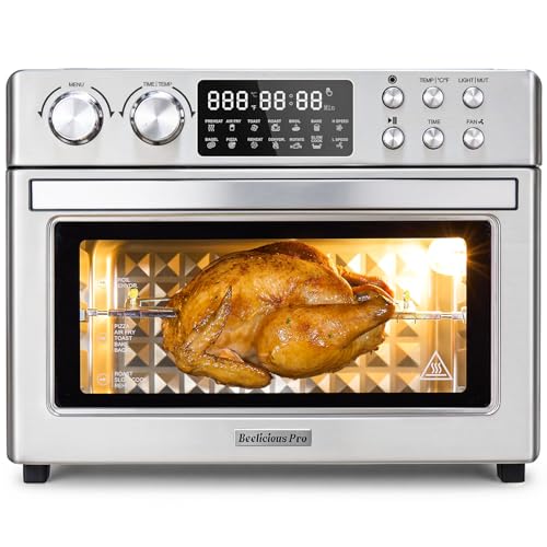 28QT Air Fryer Toaster Oven Combo, Large 12-in-1 Convection Countertop Oven with Next-Gen HeatWave Convection, 3-Layer Cooking, Rotisserie for Chicken, Fits 11" Pizza, All Accessories, Silver-tone