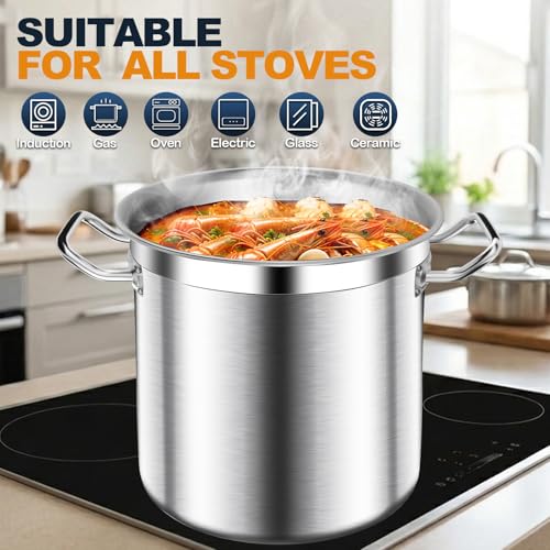 Large Stock Pot - 20QT Stainless Steel Stockpot with Lid, Heavy Duty Tri-Ply Bottom Commercial Grade Soup Pot for Cooking Soup, Stew, Pasta, Oven, Gas, Ceramic, Dishwasher Safe