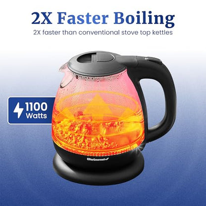 Elite Gourmet EKT1001 Electric 1.0L BPA-Free 1100W Glass Kettle Cordless 360° Base, Stylish Blue LED Interior, Handy Auto Shut-Off Function – Quickly Boil Water For Tea & More, Black