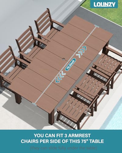 LOUNZY 9 Pieces Patio Dining Sets, Outdoor HDPE Furniture Set for 8 w/ 2" Hole Cut-Out Dining Table with 8 Patio Chairs(2 W/Armrest, 6 w/o Armrest), Brown