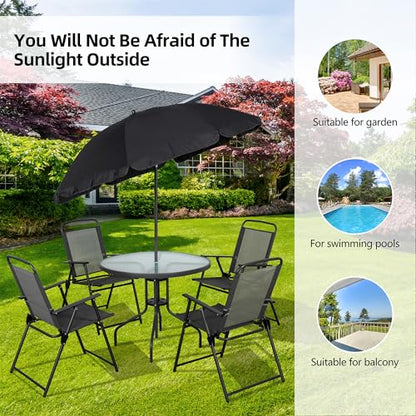 Vongrasig 6 Piece Folding Patio Dining Set,Small Metal Outdoor Garden Patio Table and Chair Set w/Umbrella for Lawn,Deck,Backyard,Black