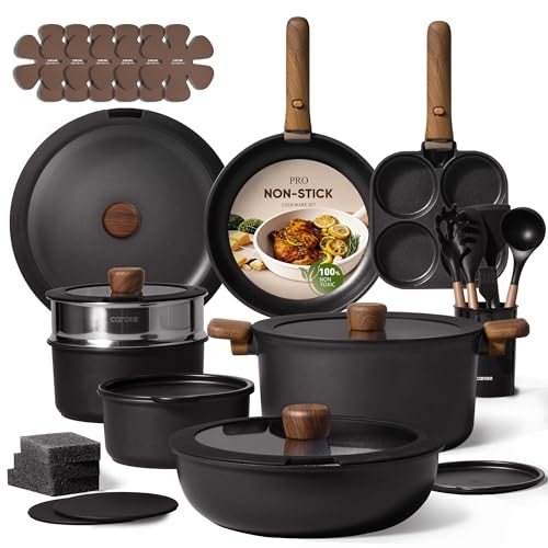 CAROTE 33pcs Pots and Pans Non Stick, Cookware Sets Detachable Handle, Induction Kitchen Pots and Pans,NonStick Cooking Set, Oven/Dishwasher/Fridge Safe, Space Saving, Mothers Day Gifts