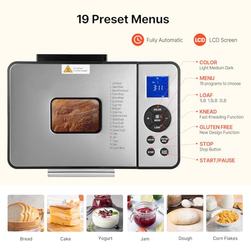 Happybuy Bread Maker, Dough Machine(19-in-1 2LB), Nonstick Ceramic Pan Automatic Breadmaker with Gluten Free Setting, Whole Wheat Bread Making, Digital, Programmable, 3 Loaf Sizes, 3 Crust Colors