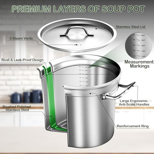Stock Pot-20QT Stainless Steel Stockpot with Lid, Heavy Duty Tri-Ply Bottom Commercial Grade Large Stock Pot & Stockpots for Boiling Cooking Soup Stew Canning Cooking Pots,Big Stockpot, Deep Cookware
