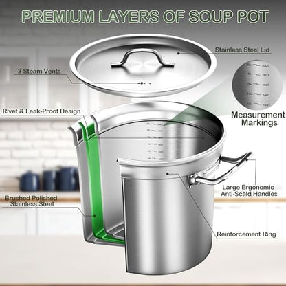 Stainless Steel Stockpot with Lid, 20QT Large Stock PotHeavy Duty Tri-Ply Bottom Commercial Grade Stock Pot & Stockpots for Boiling Cooking Soup Stew Canning Cooking Pots,Big Stockpot, Deep Cookware