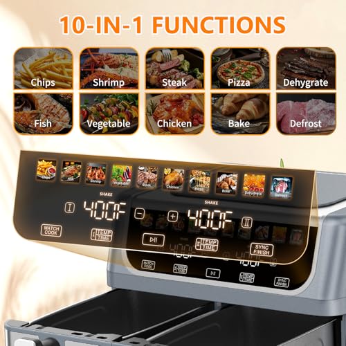 DUMOS 10-in-1 Air Fryer 9.5 QT, Large Airfryer with with 2 Independent Frying Baskets, Sync Finish & Match Cook, Shake Reminder, Wide Temperature 80-450°F, Roast Bake Defrost Dehydrate, Grey