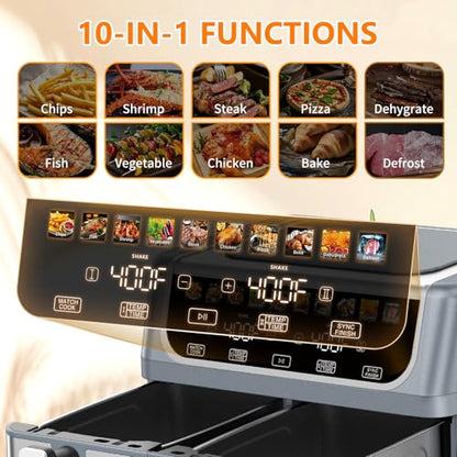 DUMOS 10-in-1 Air Fryer 9.5 QT, Large Airfryer with with 2 Independent Frying Baskets, Sync Finish & Match Cook, Shake Reminder, Wide Temperature 80-450°F, Roast Bake Defrost Dehydrate, Grey