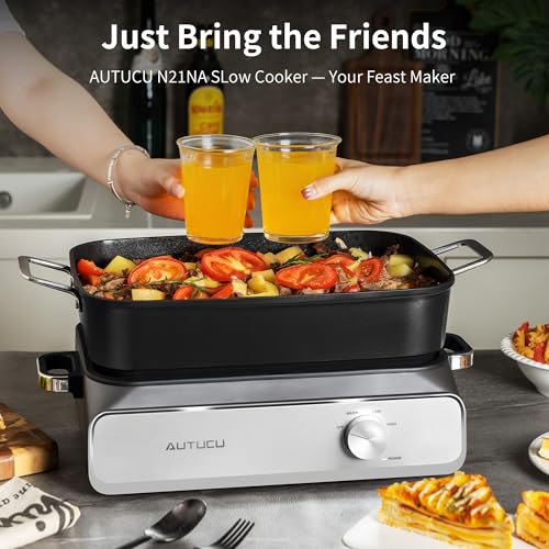 Slow Cooker 10-Quart - PFOA-Free Ceramic Coating, Oven Safe to 450°F | Keep Warm Function for Large Family Gatherings (Includes Silicone Spoon)