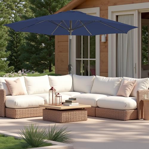 GREFORG 9FT Large Outdoor Patio Umbrella Pool Market Umbrella-UV Resistant, Easy Push Button Tilt and Crank, 8 Sturdy Ribs Heavy-Duty Table Umbrella for Deck, Backyard,Garden (Navy)