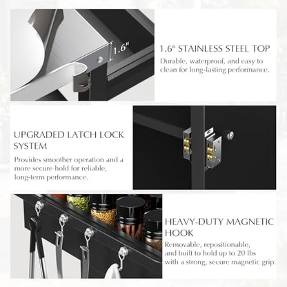 Belord Outdoor Grill Table with Storage Cabinet, Outdoor Grill Cart with Wheels, Movable BBQ Cart Prep Station Kitchen with Stainless Steel Top and Removable Side Basket for Poolside Backyard Black