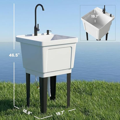 Outsunny 23-Gallon Utility Sink Laundry Tub for Washing Room, Freestanding Laundry Sink with Soap Dispenser, Faucet, Inlet and Drain Hoses, Portable Utility Tub for Indoor & Outdoor, White