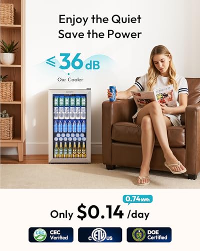 EUHOMY Mini Fridge 130 Can Beverage Refrigerator Cooler Glass Door for Soda Wine Beer, Beverage Cooler for Home, Bar, Office with Digital Temperature Control Adjustable Shelves, 3.2 Cu.Ft, Silver