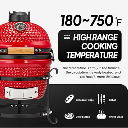 ROVSUN 13IN Red Spherical Ceramic Charcoal Grill with Inner Liner, Portable BBQ Smoker for Outdoor Cooking, Camping, and Backyard Grilling
