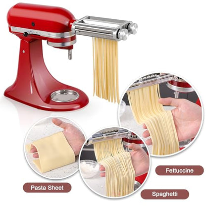 Pasta Maker Attachment for KitchenAid Stand Mixers, 3-in-1 Stainless Steel Pasta Roller & Cutter Set with Spaghetti and Fettuccine Blades, Includes 1 Metal Knob Screw Replacement