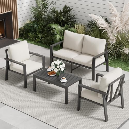 4-Piece Aluminum Outdoor Patio Furniture Sets All-Weather Patio Conversation Set Sectional Sofa with Coffee Table & Cushions with Removable Covers for for Deck Backyard Garden Poolside Balcony Porch