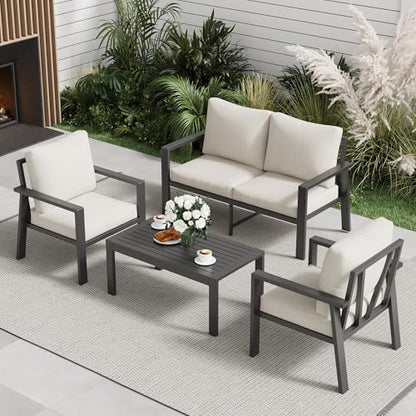 4-Piece Aluminum Outdoor Patio Furniture Sets All-Weather Patio Conversation Set Sectional Sofa with Coffee Table & Cushions with Removable Covers for for Deck Backyard Garden Poolside Balcony Porch