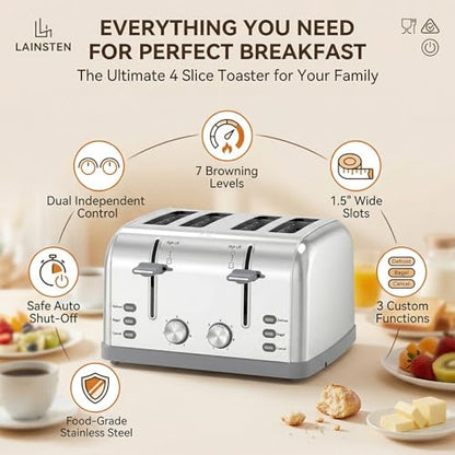 Toaster 4 Slice Retro Stainless Steel,Best Prime 4 Slice Toaster Wide Solt with 7 Shade Settings, Perfect for Waffles, Bagels and More Lainsten T-527