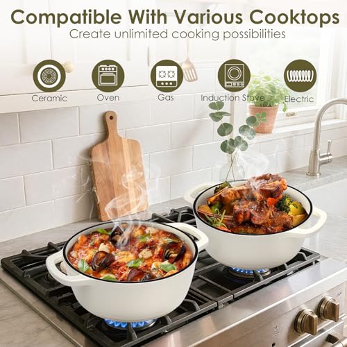 Enameled Cast Iron Dutch Oven Pot With Lid - AIVIKI 5QT Dutch Oven for Bread Baking With Cotton Potholders - Heavy-Duty Cookware for Braising, Stew, Roasting, Oven Safe up to 500°F, Cream White
