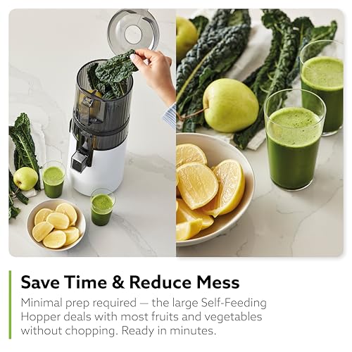 Hurom H70 Cold Press Juicer Machine, Easy to Clean Masticating Slow Juicer, Ideal Balance of Size and Function, Compact, Strainer Free, Self Feeding, Hands Free, with Wide Mouth Hopper (White)