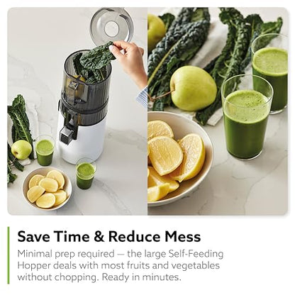 Hurom H70 Cold Press Juicer Machine, Easy to Clean Masticating Slow Juicer, Ideal Balance of Size and Function, Compact, Strainer Free, Self Feeding, Hands Free, with Wide Mouth Hopper (White)