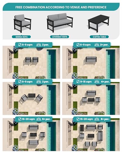 SERWALL HDPE Outdoor Loveseat with Cushion, Outdoor Sectional Furniture Set