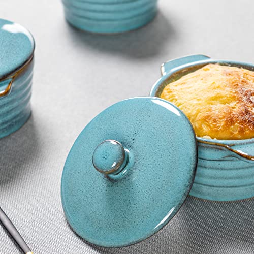 Creme Brulee Ramekins 8 oz with Lids, Oven Safe Bowls for French Onion Soup - Souffle Dish, Mini Covered Casserole Dish, Pot Pie Baking Dishes Set of 4, Reactive Blue