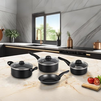 7 Piece Aluminum Non Stick Cookware Set with Glass Lids Black