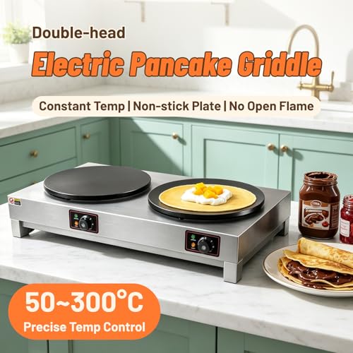 HNZXIB Commercial Electric Crepe Maker, 16 Inch Non‑Stick Cast Iron Griddle, Independent Temperature Control 122℉‑572℉, 6KW High Power Crepe Machine for Restaurant, Snack Bar, Food Stall - Double