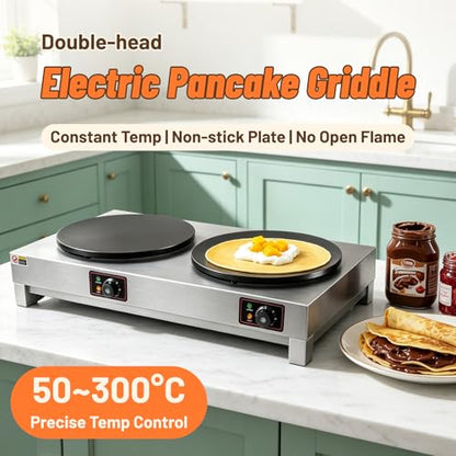 HNZXIB Commercial Electric Crepe Maker, 16 Inch Non‑Stick Cast Iron Griddle, Independent Temperature Control 122℉‑572℉, 6KW High Power Crepe Machine for Restaurant, Snack Bar, Food Stall - Double
