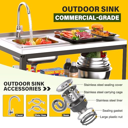 Outdoor Kitchen Island with Sink,36''H Stainless Steel Utility Sink,3T Heavy Duty Pizza Oven Table,Metal BBQ & Grill Stand,Outdoor Cooking Prep Table Freestanding Laundry Sink for Backyard Garage