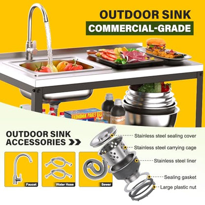 Outdoor Kitchen Island with Sink,36''H Stainless Steel Utility Sink,3T Heavy Duty Pizza Oven Table,Metal BBQ & Grill Stand,Outdoor Cooking Prep Table Freestanding Laundry Sink for Backyard Garage