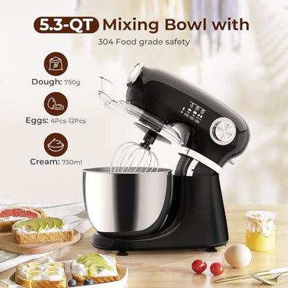 Electactic Stand Mixer With 12 Speed,5.3 Quart Electric Mixer With Tilt Head, Kitchen Mixer for Daily Use with Egg Whisk,Dough Hook,Flat Beater